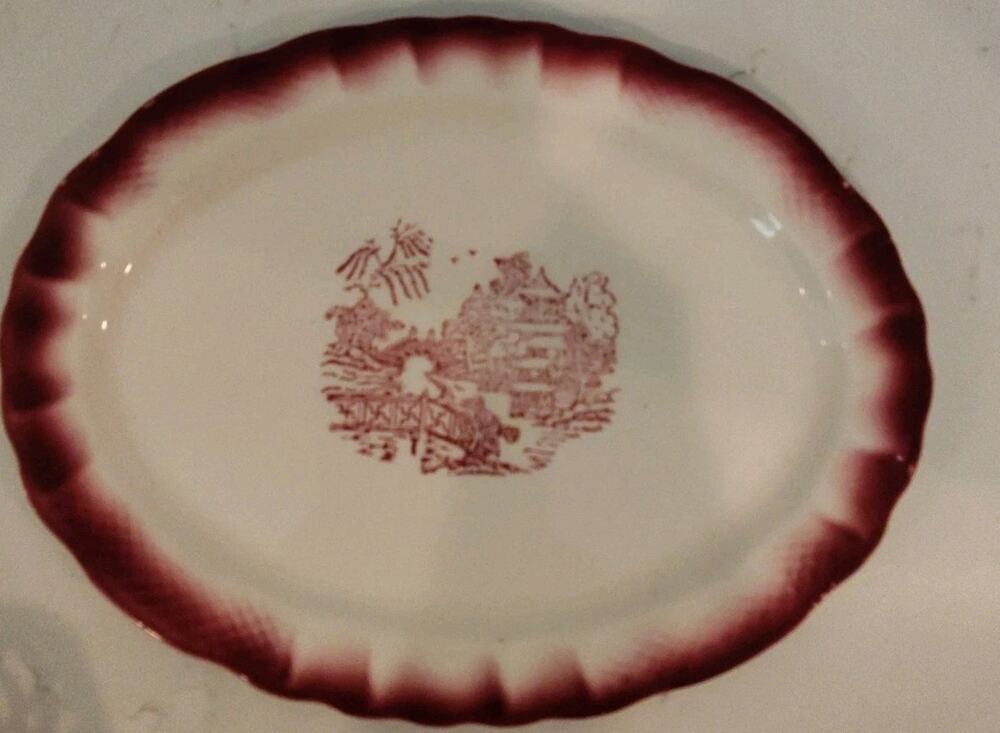Vtg. Red And White Asian Small Platter Transferware 11"×9" Traditional Decor